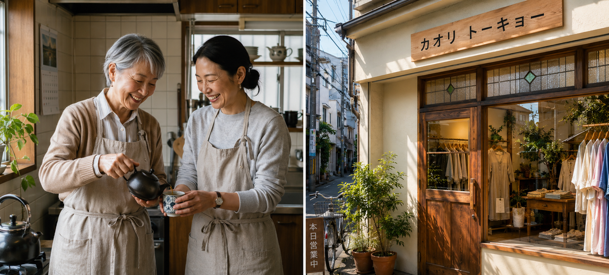 お茶を楽しむ二人の女性と店舗の風景
