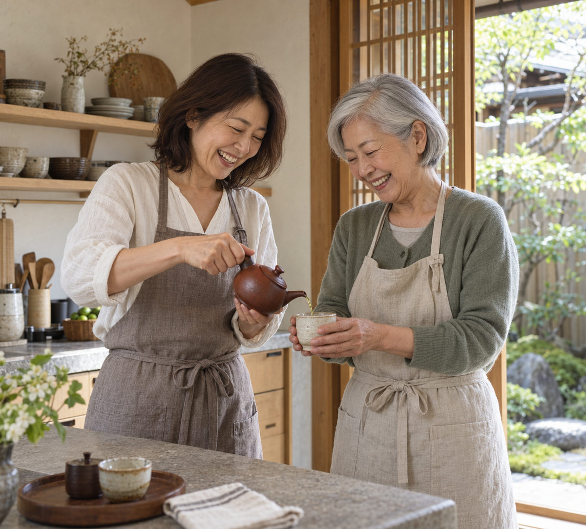 明るいキッチンでお茶を楽しむ二人の女性